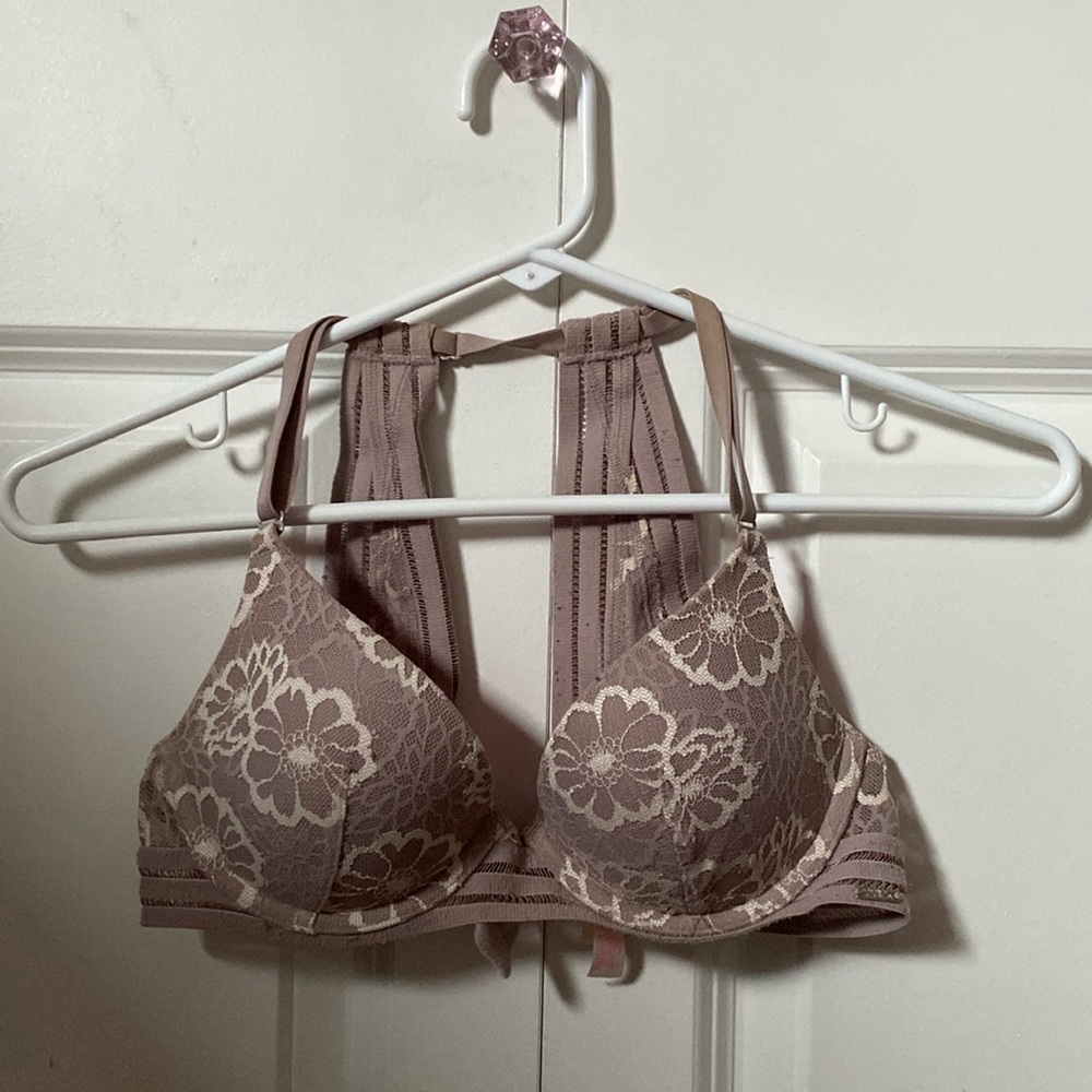 PINK VS Nude and White Floral Mesh Bra - 32B